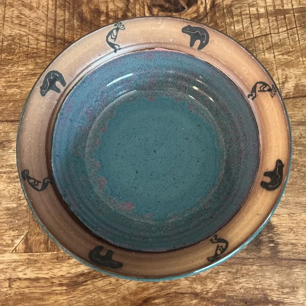 Vintage A&A Art Pottery Centerpiece Bowl Teal Blue Aztec Design Bear RARE